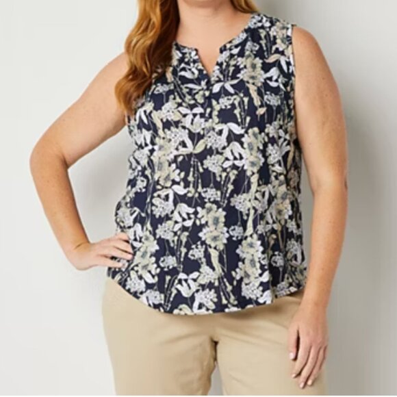 Liz Claiborne 2X Split Crew Neck Sleeveless Blouse NAVY Floral NWT - Picture 3 of 7
